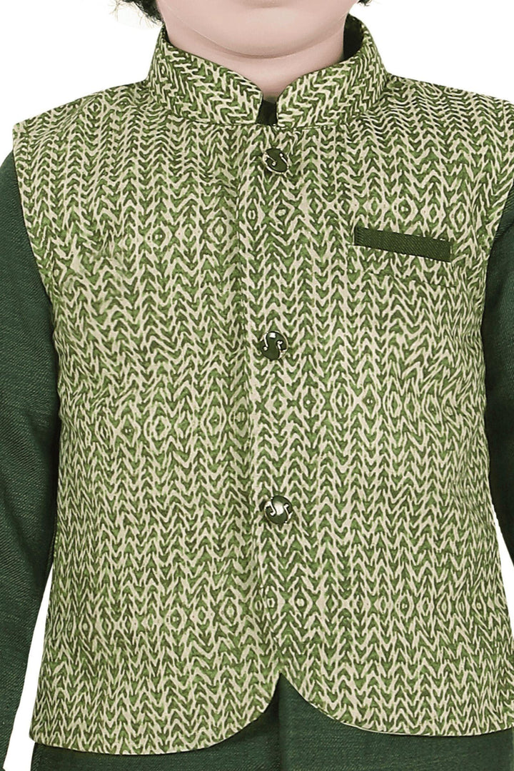 Dark Green Printed Waist Coat Kurta Set for Boys - Seasons Chennai