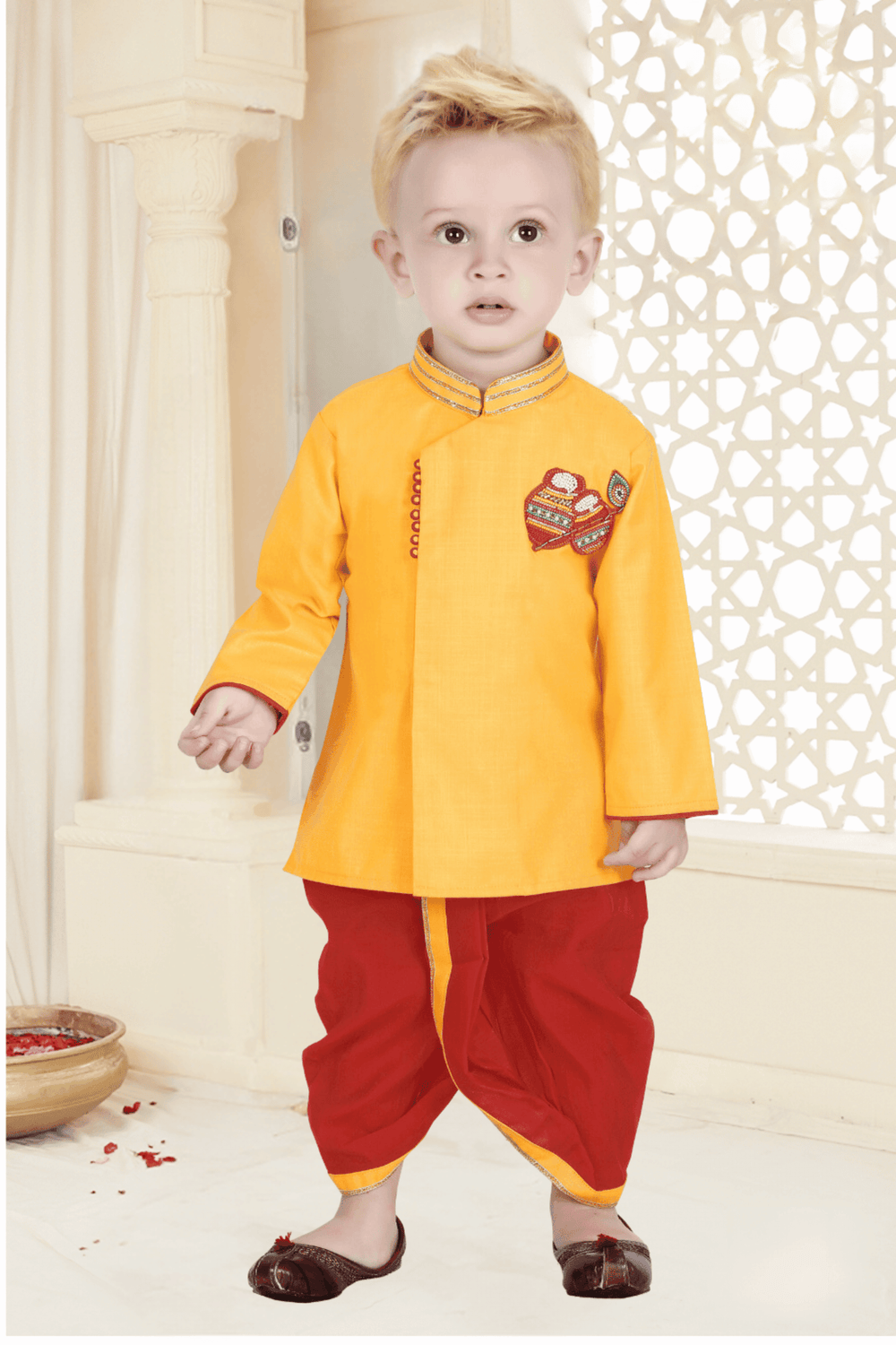 Yellow with Red Pearl, Stone and Beads work Kurta Set for Boys - Seasons Chennai