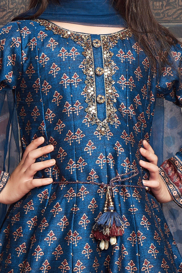 Teal Blue Digital Print, Sequins, Beads and Zardozi work Anarkali Style Salwar Suit for Girls - Seasons Chennai