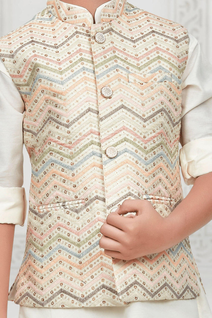 Cream Multicolor Thread and Sequins work Waist Coat Kurta Set for Boys - Seasons Chennai