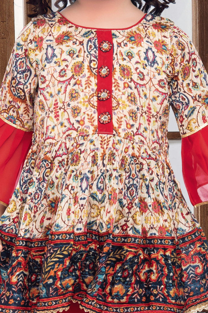 Cream with Red Digital Print, Sequins and Thread work Peplum Style Sharara Suit Set for Girls - Seasons Chennai
