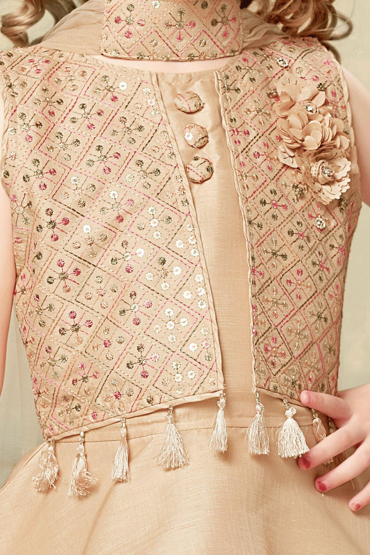 Peach Multicolor Thread and Sequins work Overcoat Dhoti Style Peplum Kurti for Girls - Seasons Chennai