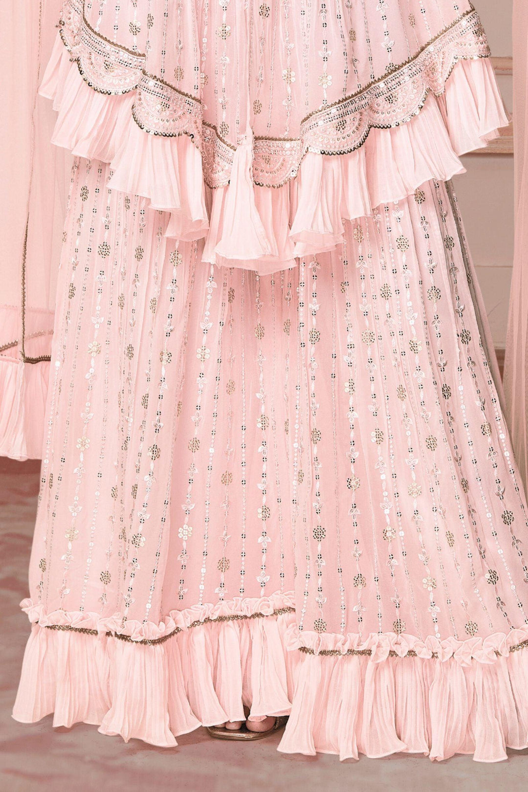 Light Pink Sequins, Thread, Stone and Zardozi work Peplum Style Sharara Suit Set for Girls - Seasons Chennai