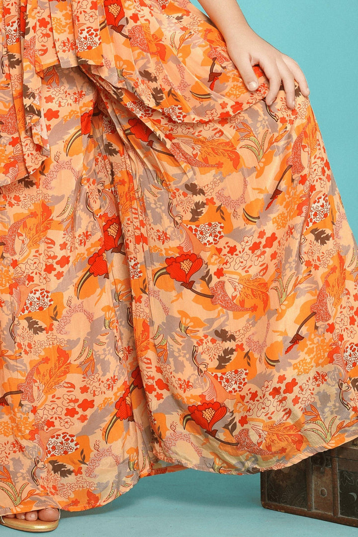Orange Digital Print, Mirror, Zari and Thread work Palazzo Suit Set for Girls - Seasons Chennai
