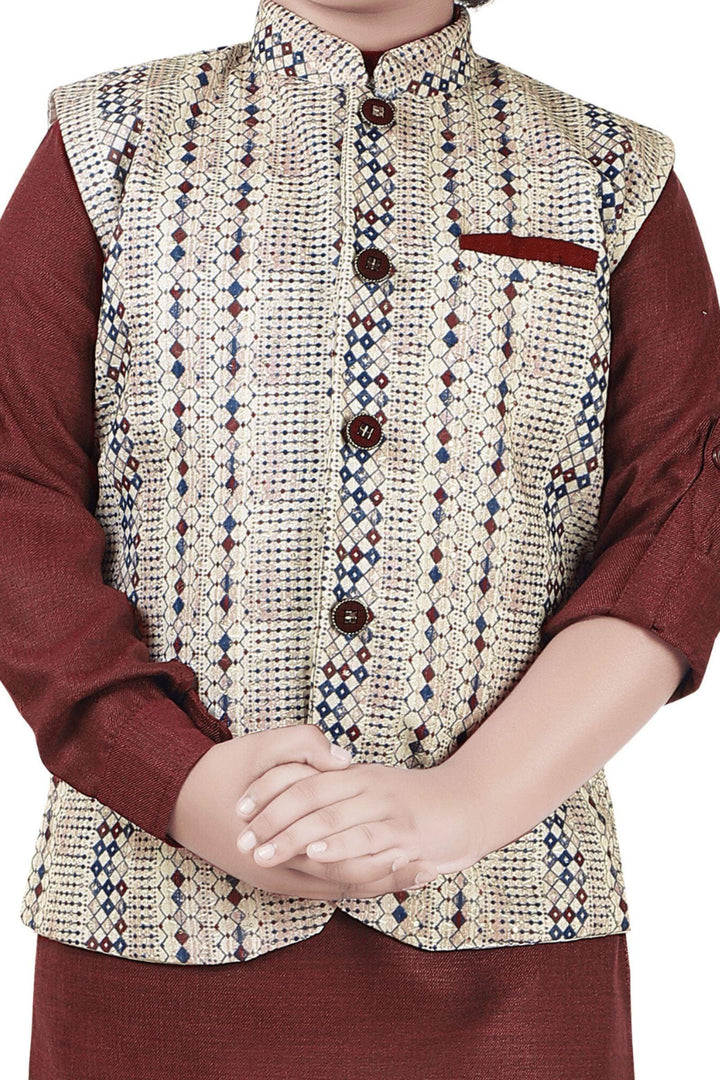 Maroon with Multicolor Digital Print and Thread Weaving work Waist Coat Kurta Set for Boys - Seasons Chennai