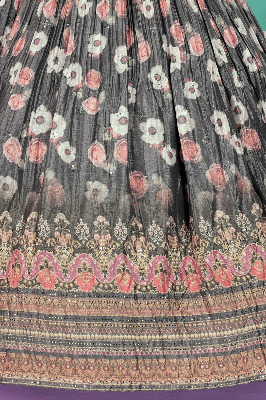 Grey Floral Print, Zardozi, Pearl, Stone and Sequins work with Belt Long Party Gown for Girls - Seasons Chennai