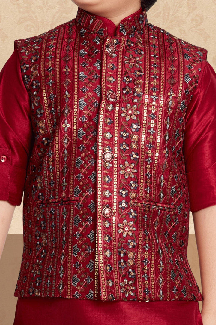 Maroon Embroidery and Sequins work Waist Coat Kurta Set for Boys - Seasons Chennai