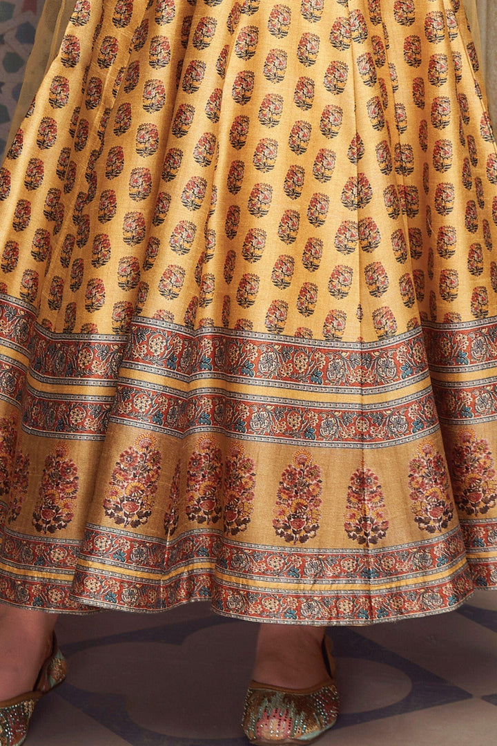 Yellow Digital Print, Mirror, Thread and Sequins work Anarkali Style Salwar Suit for Girls - Seasons Chennai