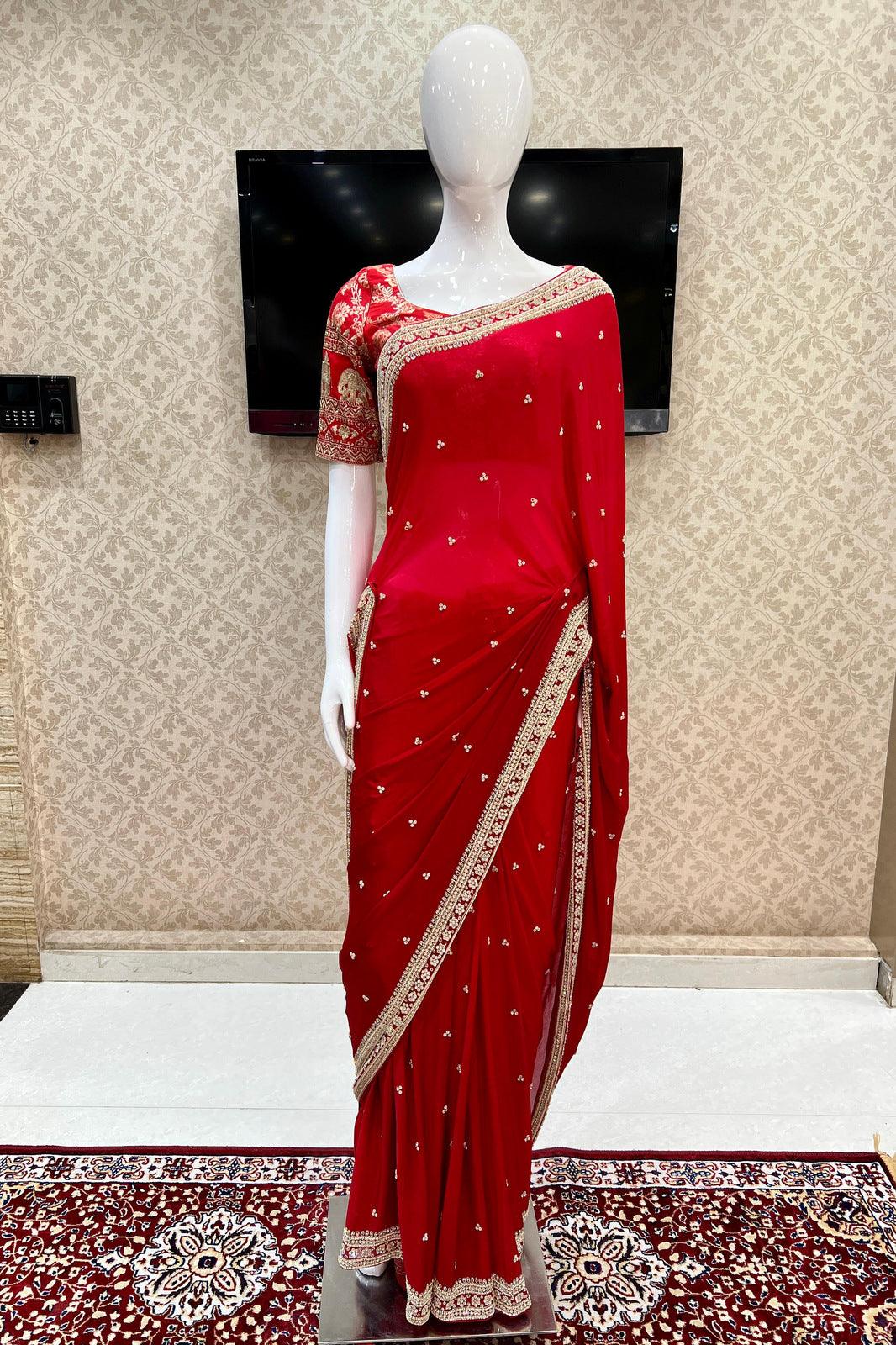 Red Stone, Pearl and Beads work Saree with Matching Unstitched Designer Blouse - Seasons Chennai