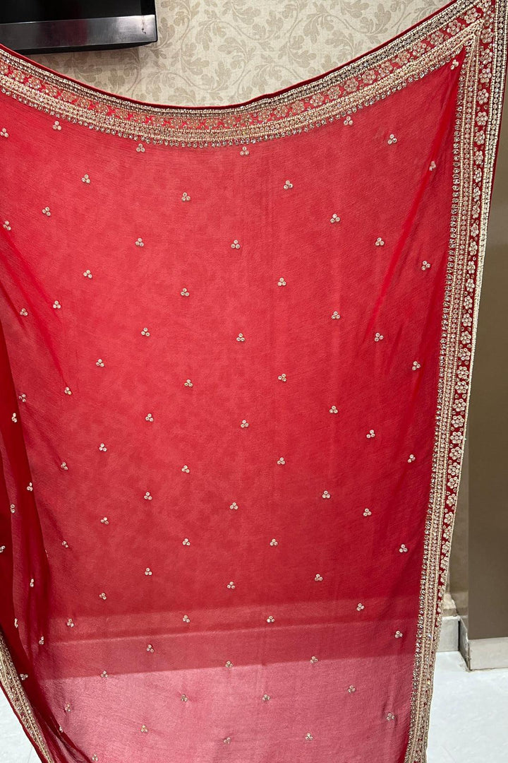 Red Stone, Pearl and Beads work Saree with Matching Unstitched Designer Blouse - Seasons Chennai