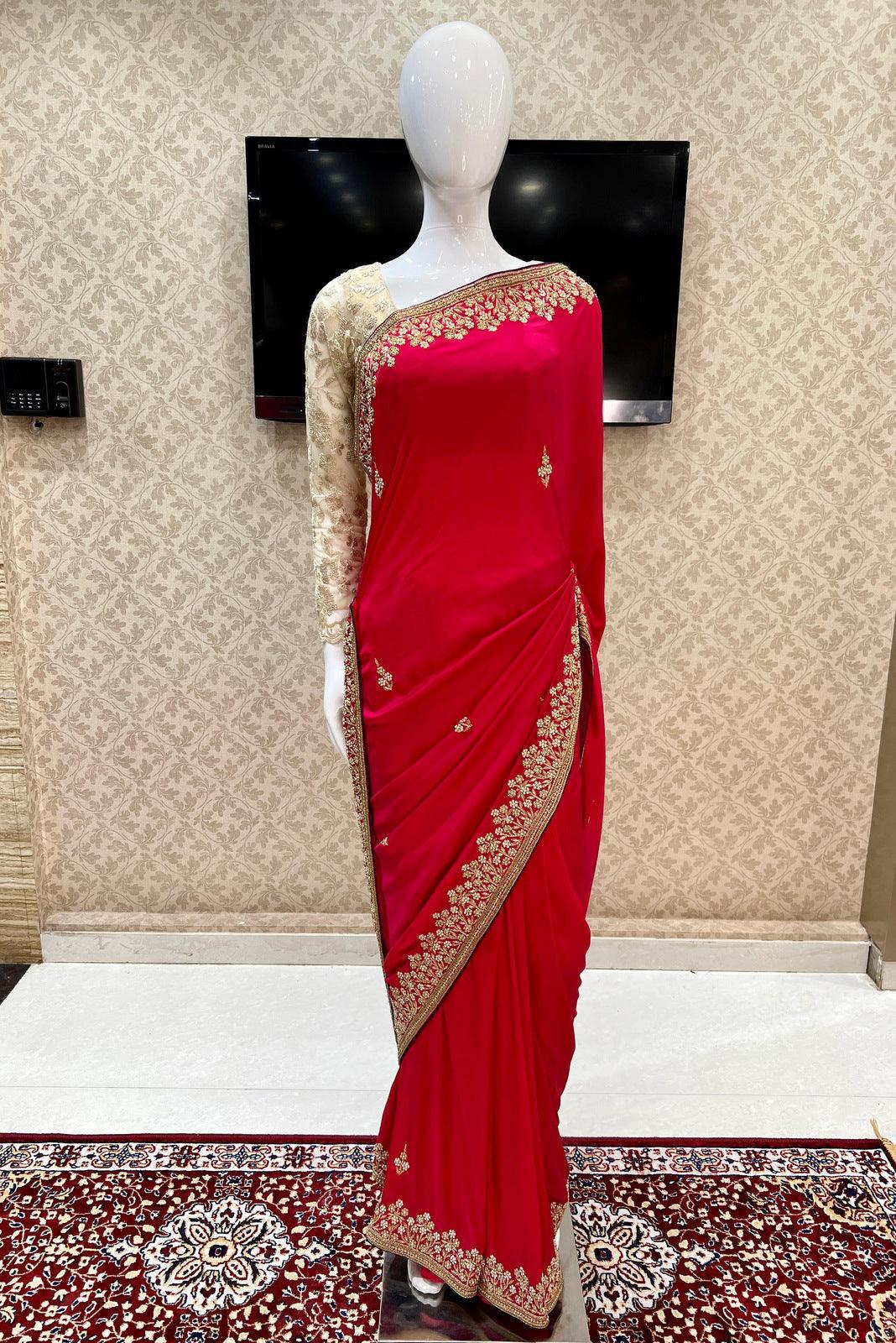 Rani Pink Pearl, Zari and Zardozi work Saree with Matching Unstitched Designer Blouse - Seasons Chennai