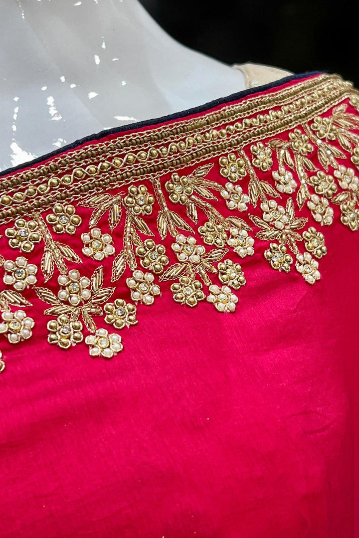 Rani Pink Pearl, Zari and Zardozi work Saree with Matching Unstitched Designer Blouse - Seasons Chennai