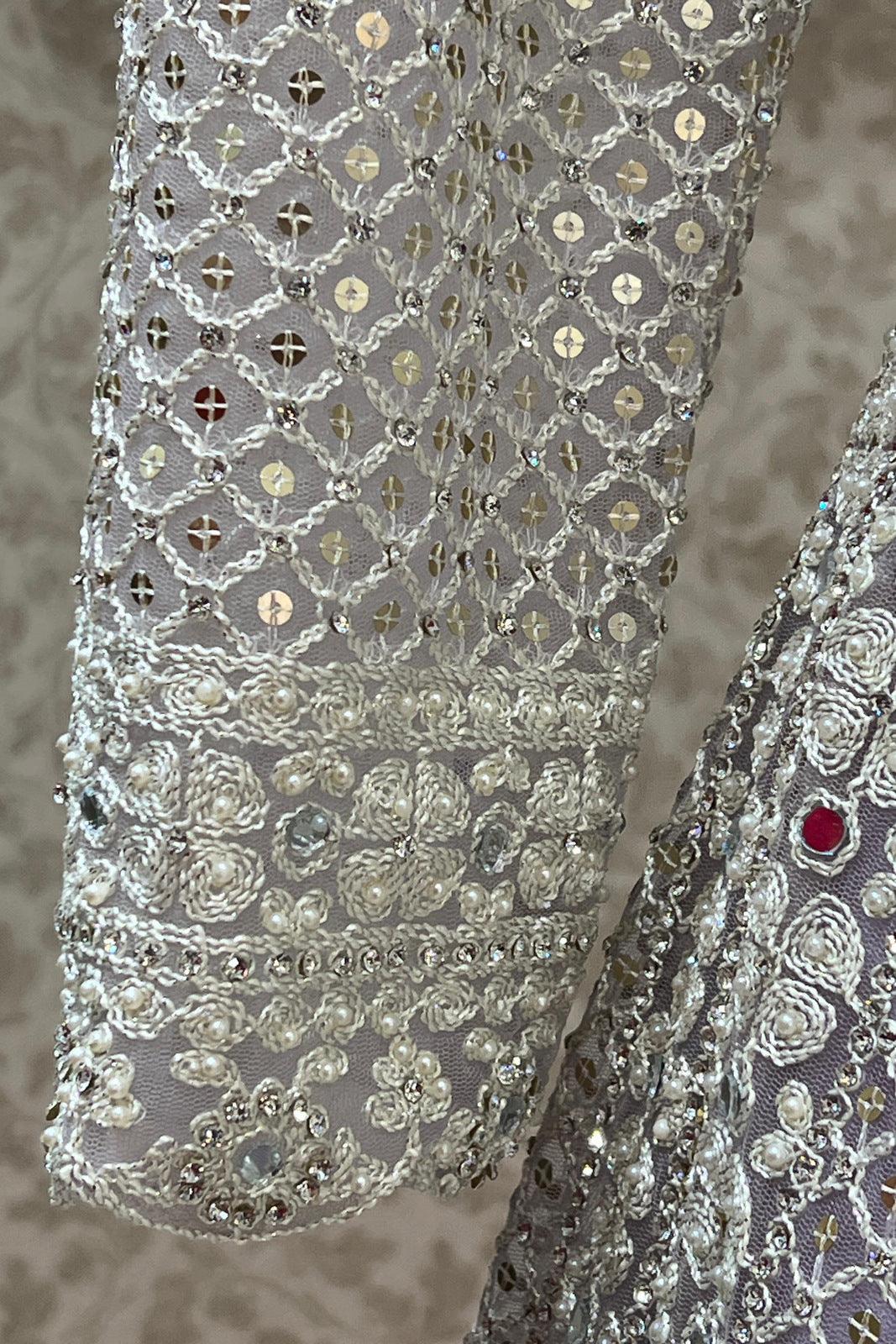 Light Lavender Stone, Mirror and Zari Thread work Crop Top Designer Bridal Lehenga - Seasons Chennai