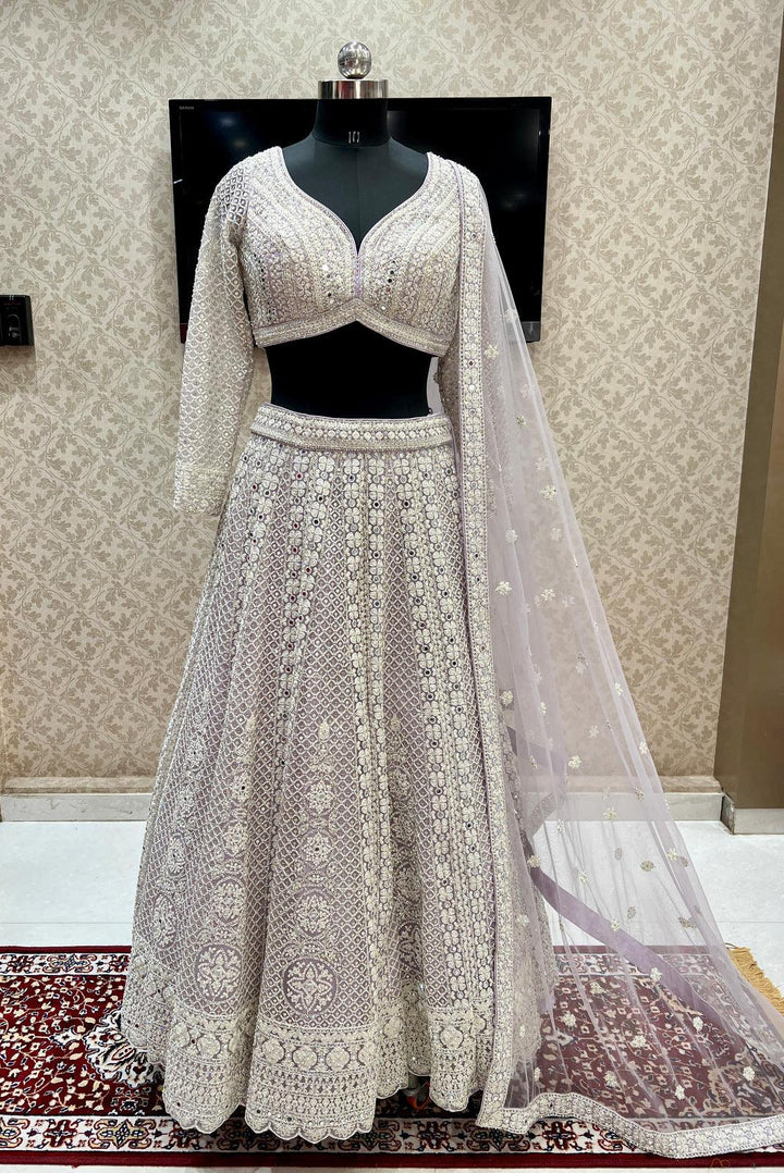 Light Lavender Stone, Mirror and Zari Thread work Crop Top Designer Bridal Lehenga - Seasons Chennai
