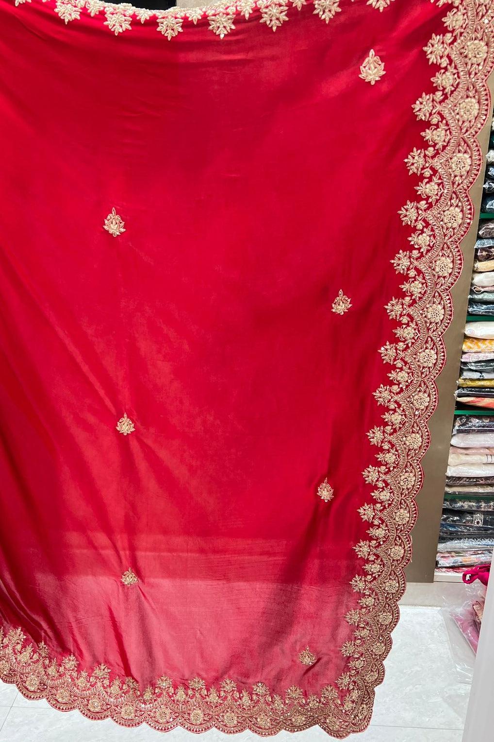 Red Zardozi and Sequins work Saree with Matching Unstitched Designer Blouse - Seasons Chennai