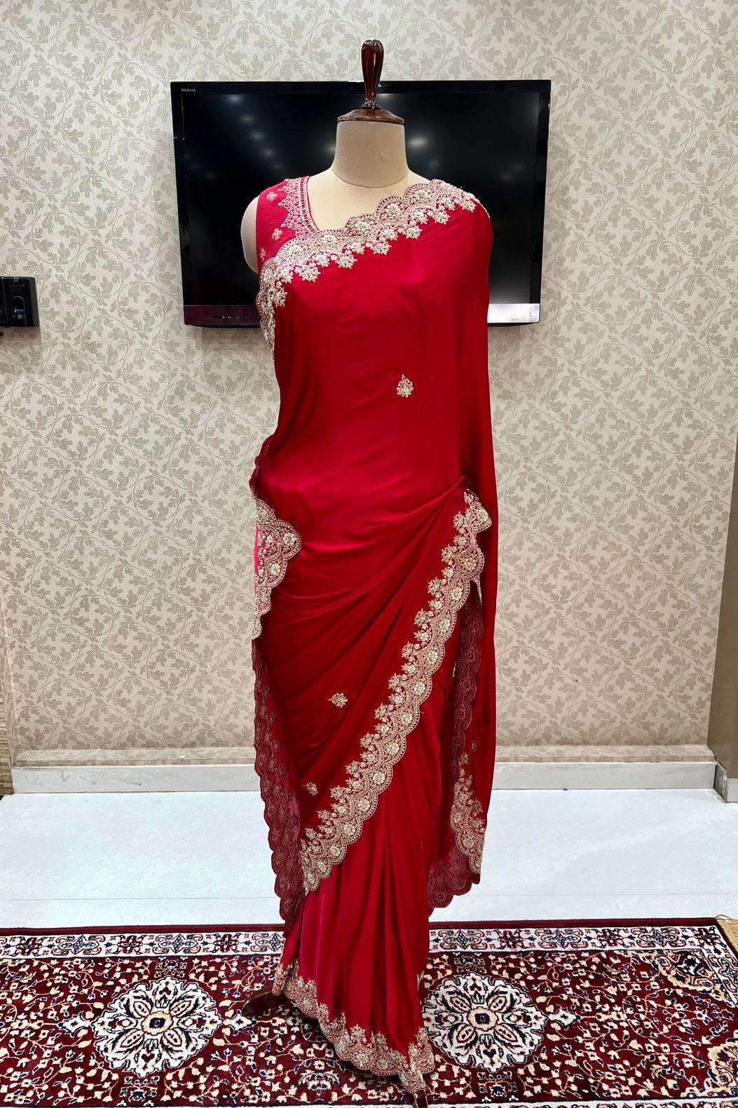 Red Zardozi and Sequins work Saree with Matching Unstitched Designer Blouse - Seasons Chennai