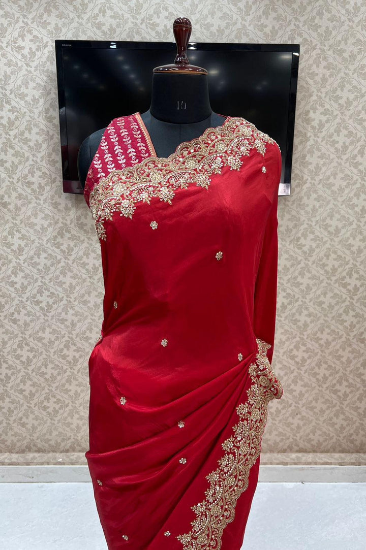 Red Sequins, Beads, Zari and Pearl work Saree with Matching Unstitched Designer Blouse - Seasons Chennai