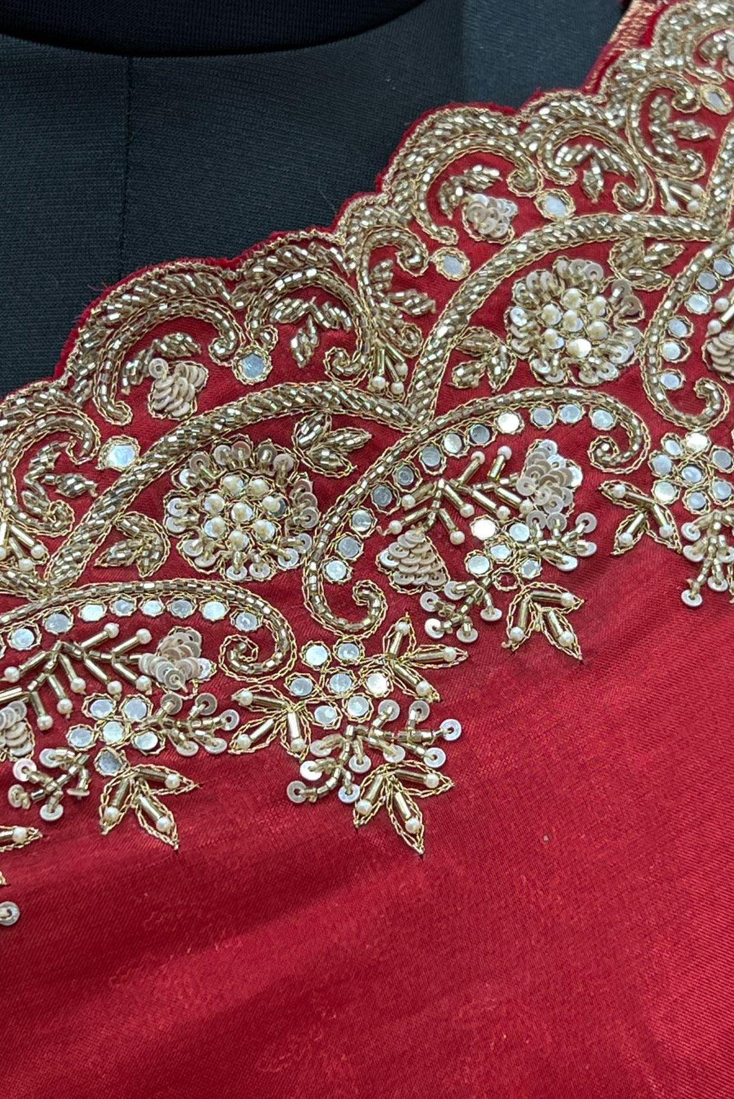 Red Sequins, Beads, Zari and Pearl work Saree with Matching Unstitched Designer Blouse - Seasons Chennai