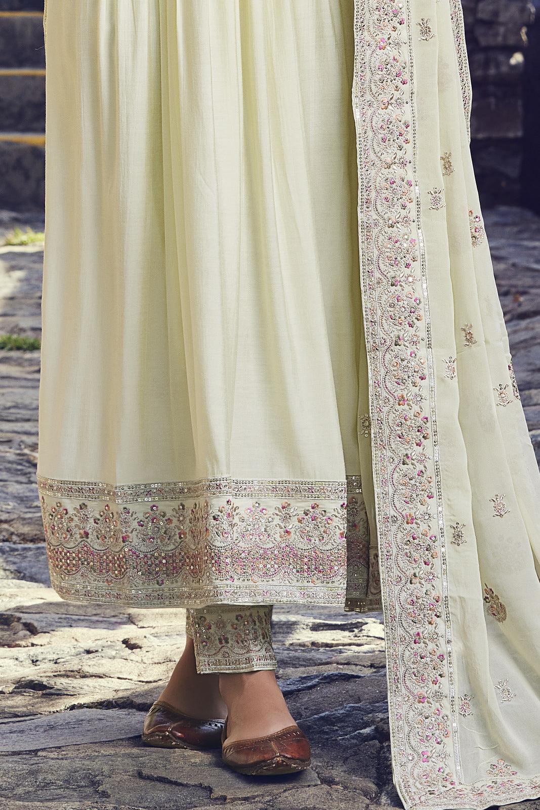 Light Pista Green Zari, Thread and Sequins work Salwar Suit with Straight Pants - Seasons Chennai