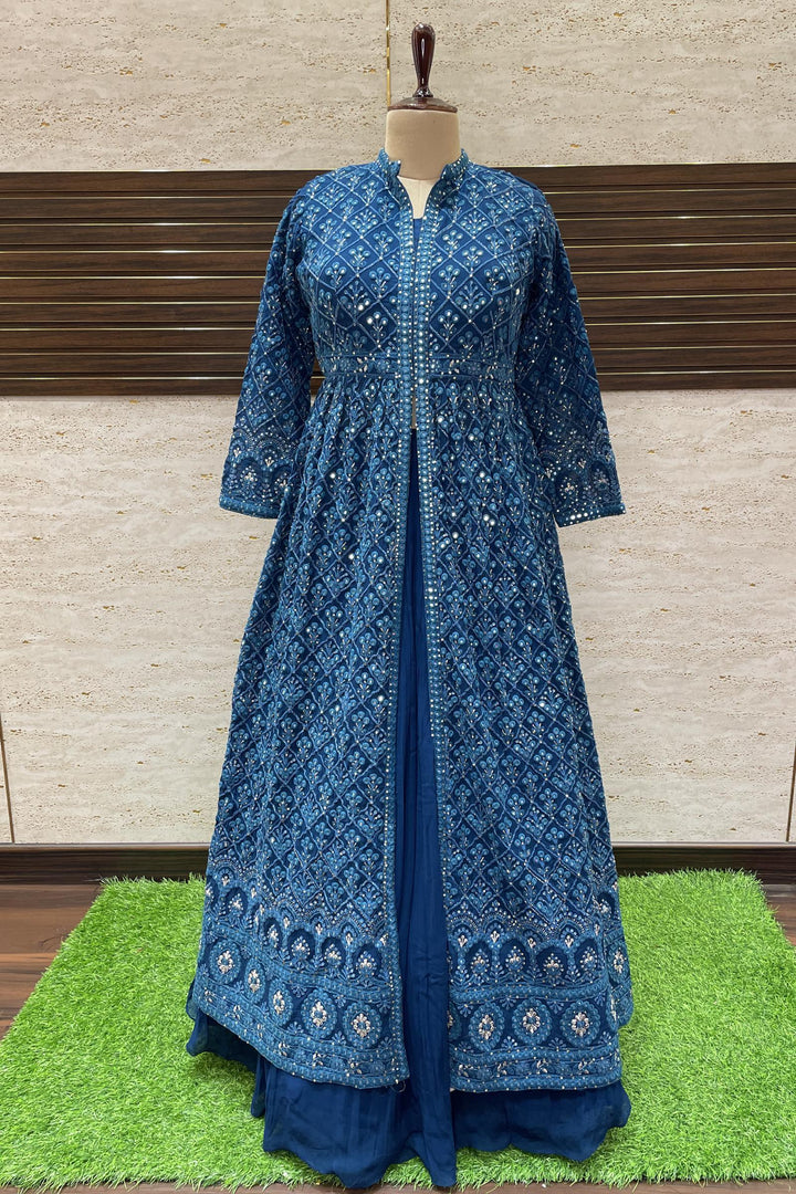 Blue Stone, Sequins and Zari Thread work Long Top Lehenga - Seasons Chennai