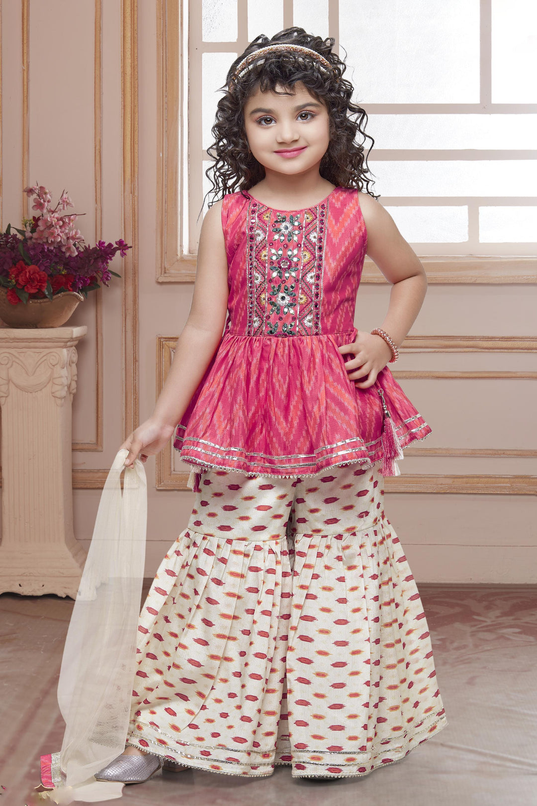 Pink with Cream Printed, Mirror and Thread work Peplum Style Sharara Suit Set for Girls - Seasons Chennai
