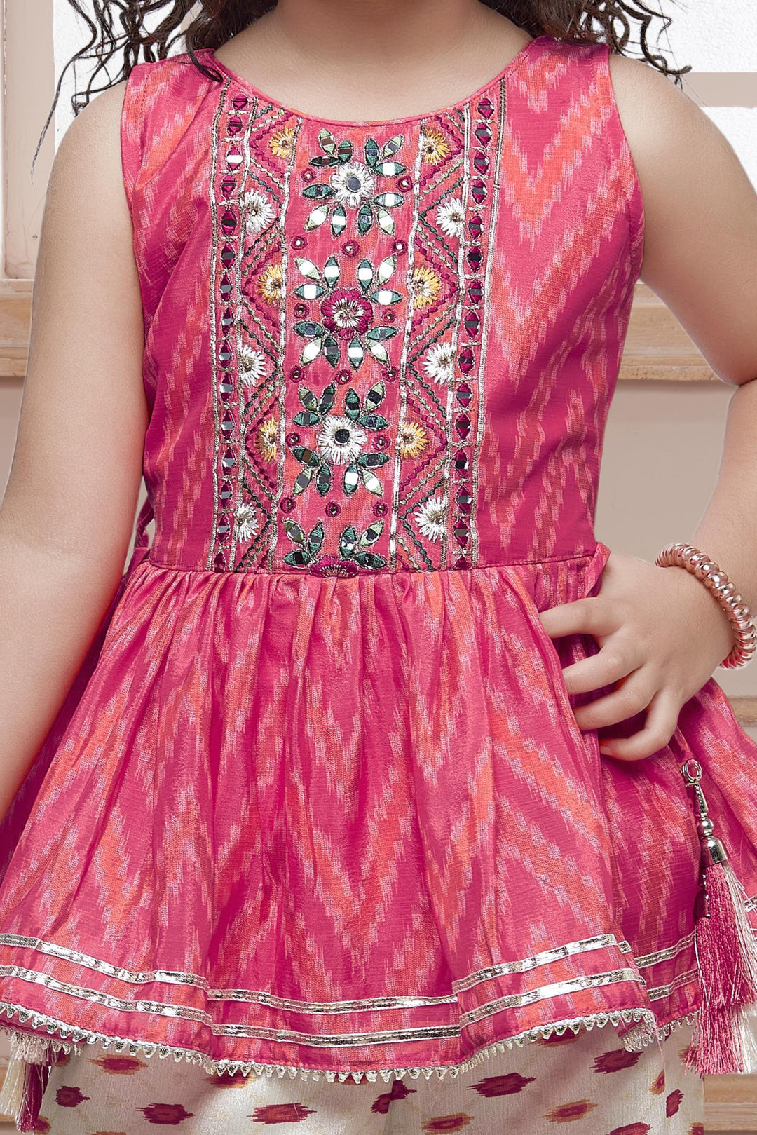 Pink with Cream Printed, Mirror and Thread work Peplum Style Sharara Suit Set for Girls - Seasons Chennai