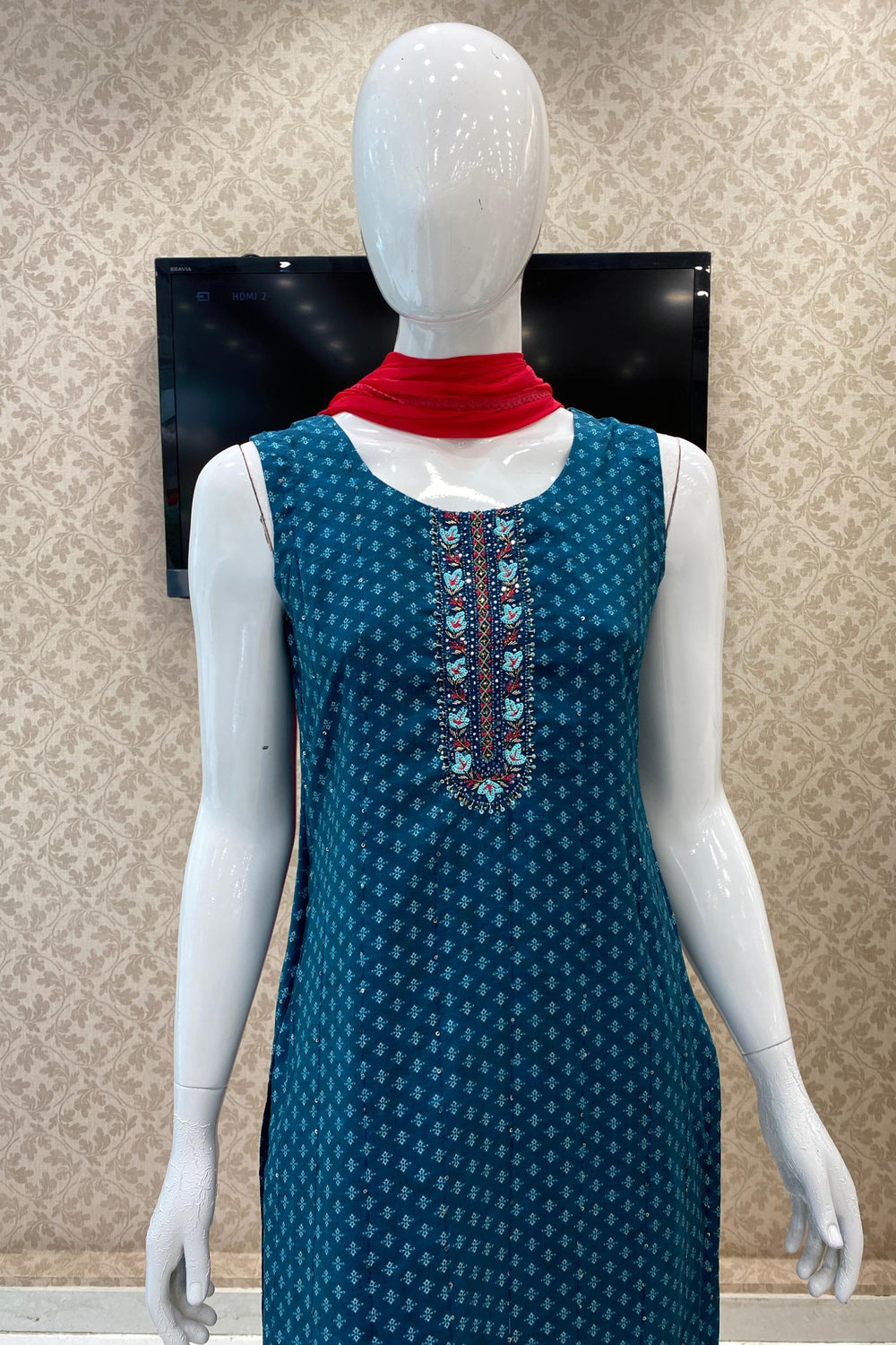Blue Sequins, Beads, Pearl and Stone work with Printed Straight Cut Salwar Suit - Seasons Chennai