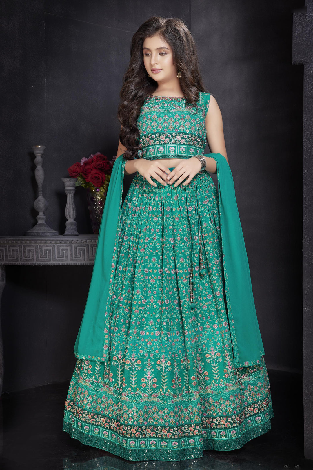 Peacock Green Thread, Sequins and Mirror work Lehenga Choli for Girls - Seasons Chennai