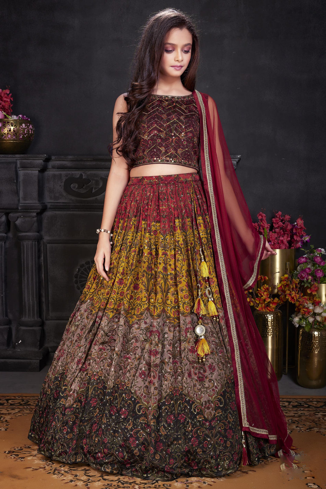Maroon with Multicolor Print, Beads, Mirror, Sequins and Thread work Lehenga Choli for Girls - Seasons Chennai