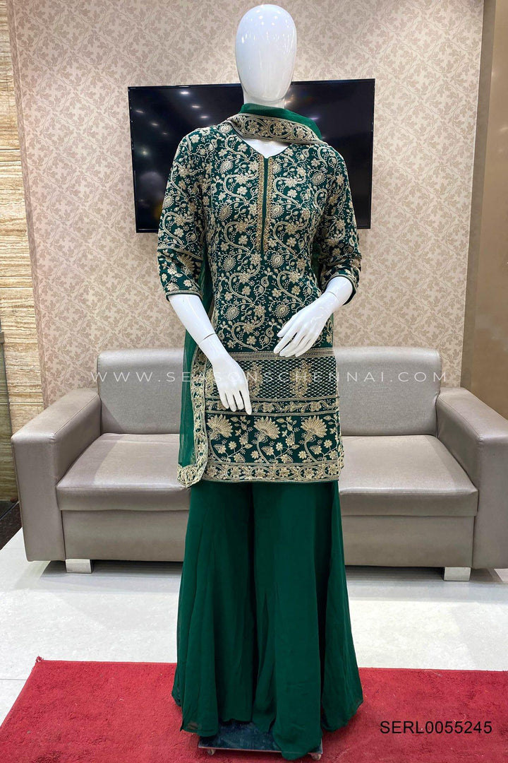 Dark Green With Lucknowi Embroidery Sharara Pant Salwar Suit - View 1