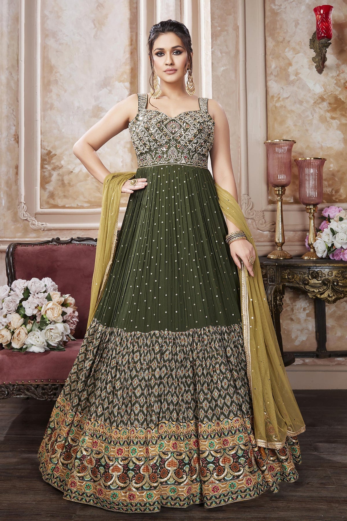 Amazon.com: Satyam Creation Womens Green Long Sleeve Round Neck Anarkali  Suit with Latkan Dori Size M(38) : Clothing, Shoes & Jewelry