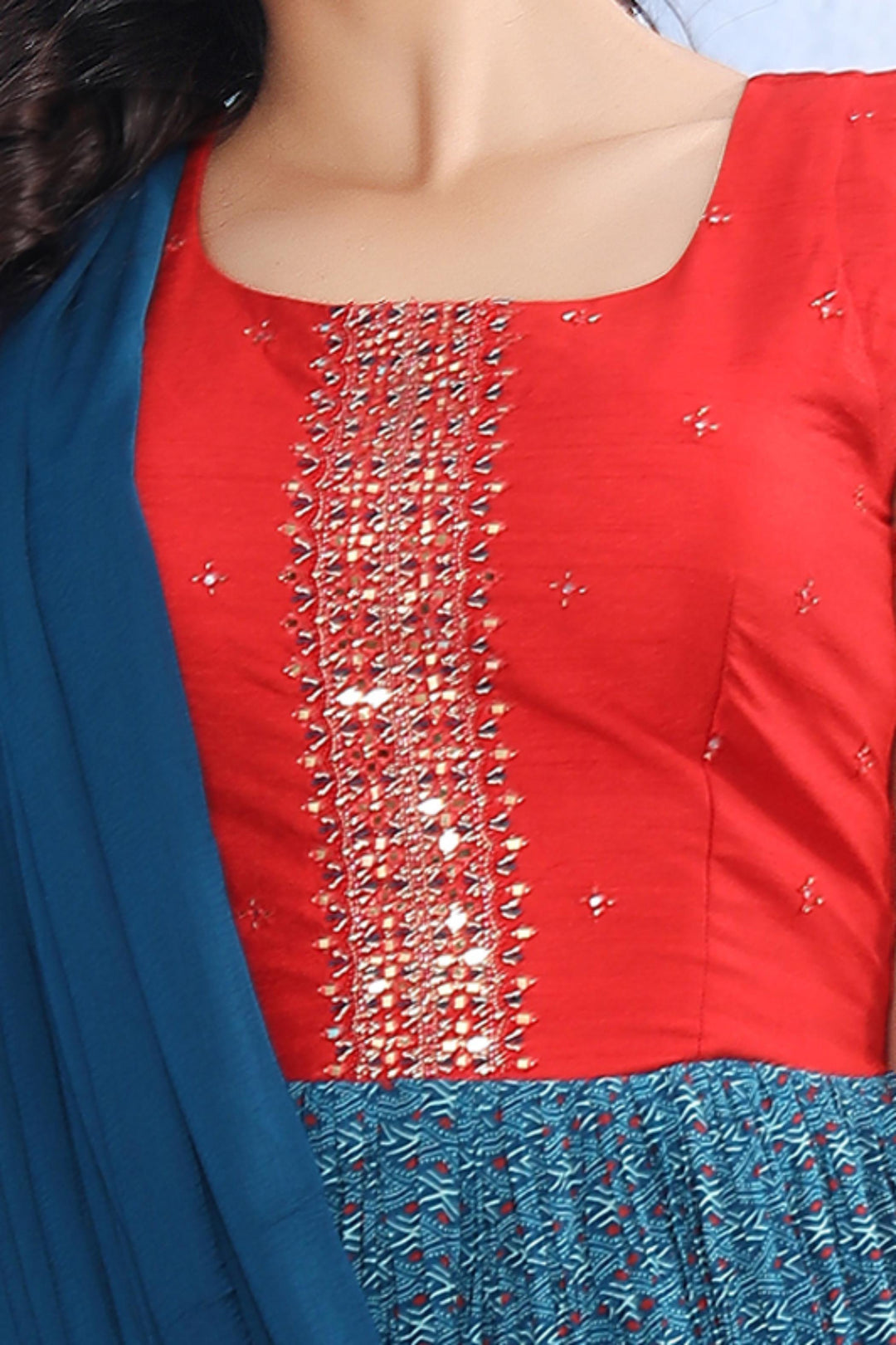Brick Red with Peacock Blue Stone, Pearl and Beads work with Digital Print Floor Length Anarkali Suit - Seasons Chennai