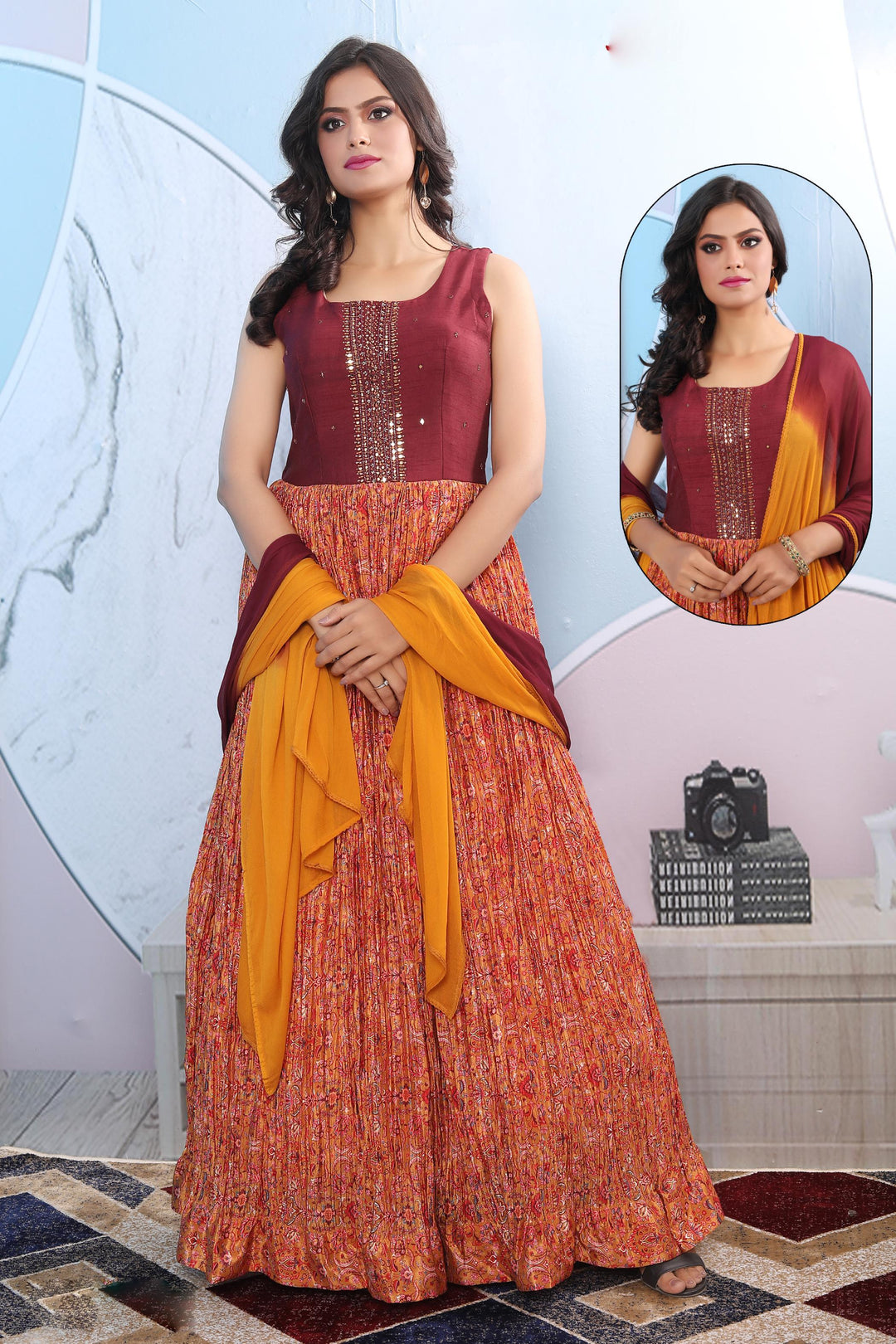 Maroon with Yellow Stone, Pearl and Beads work with Digital Print Floor Length Anarkali Suit - Seasons Chennai