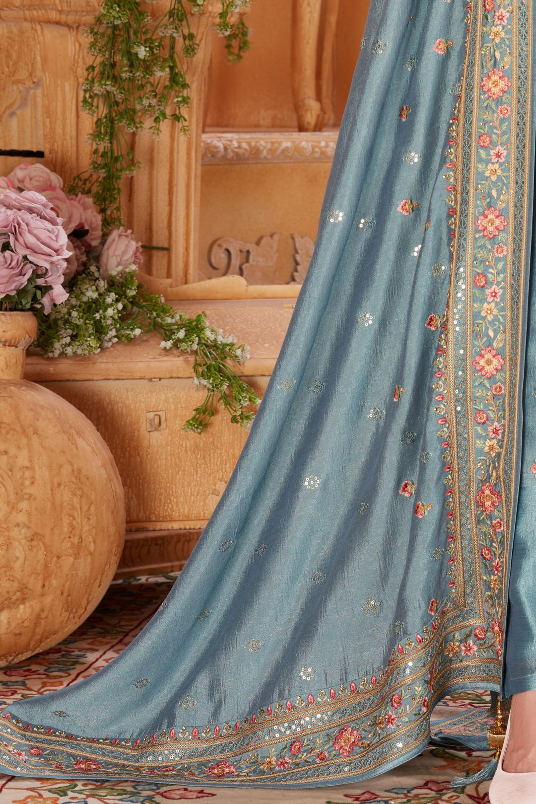 Greyish Blue Zardozi, Multicolor Thread and Sequins work Straight Cut Salwar Suit - Seasons Chennai
