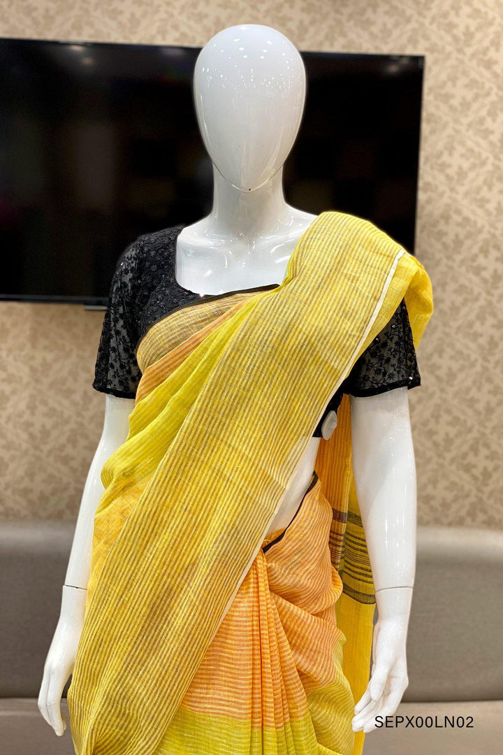 Shades of Yellow Striped Patterned Linen Saree - View 2