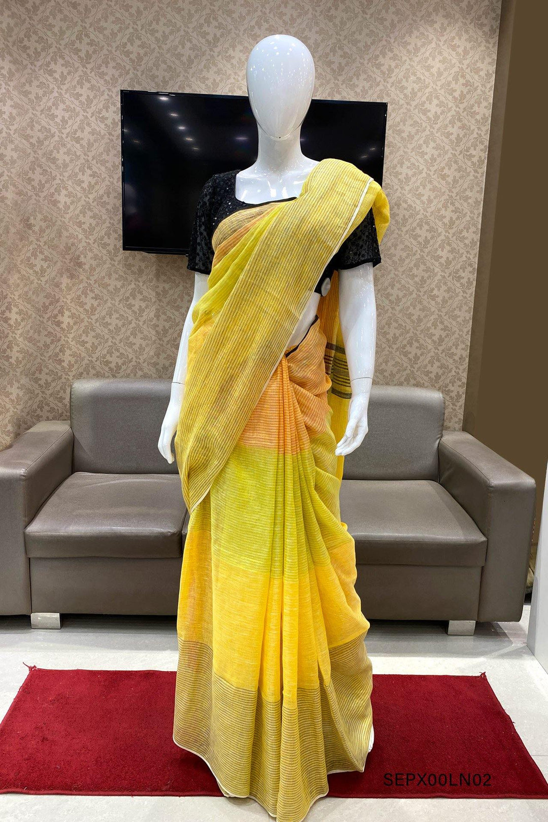 Shades of Yellow Striped Patterned Linen Saree - View 1