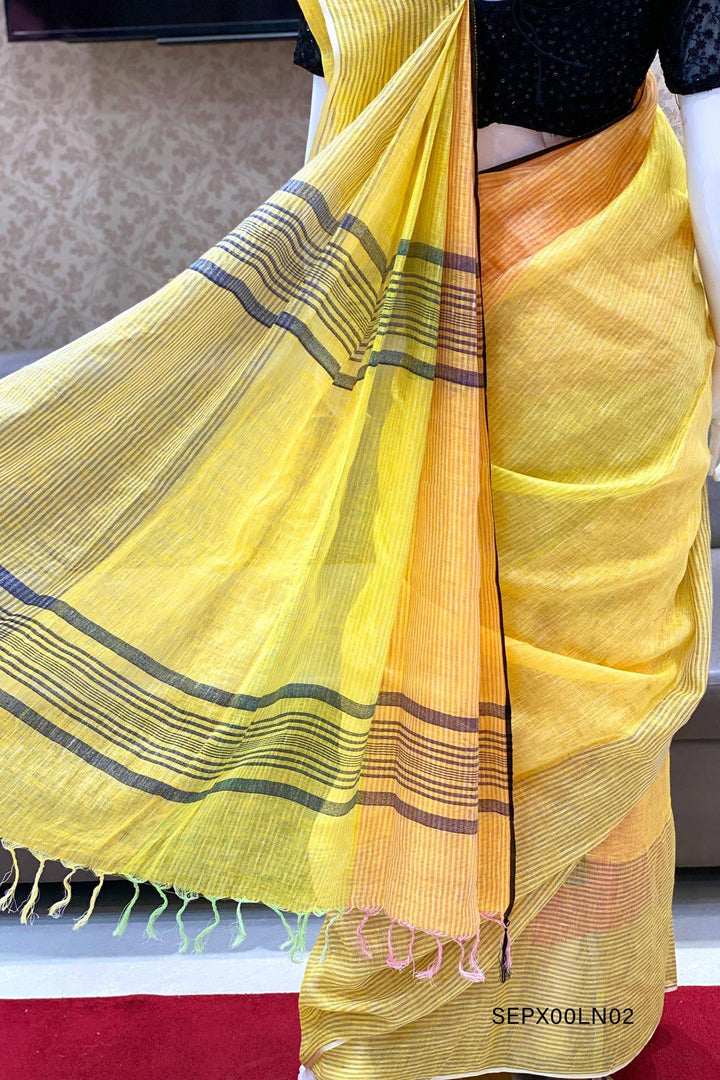 Shades of Yellow Striped Patterned Linen Saree - View 3