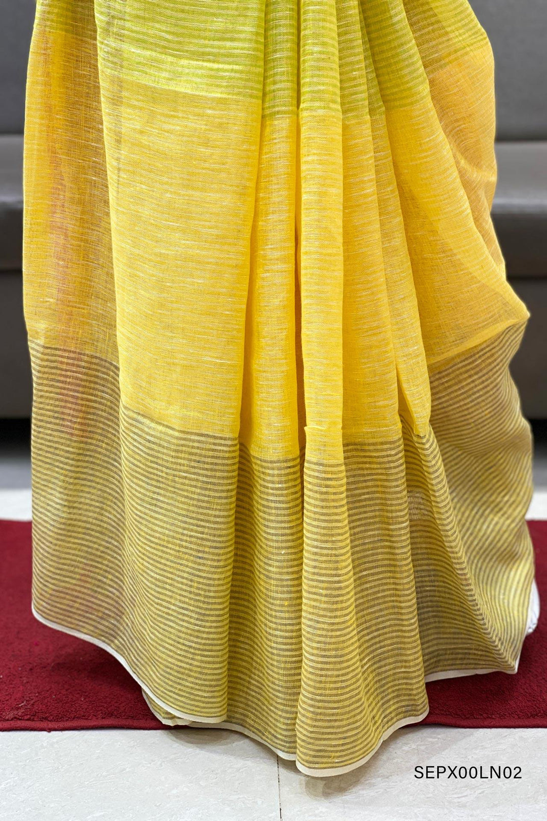 Shades of Yellow Striped Patterned Linen Saree -V iew 4