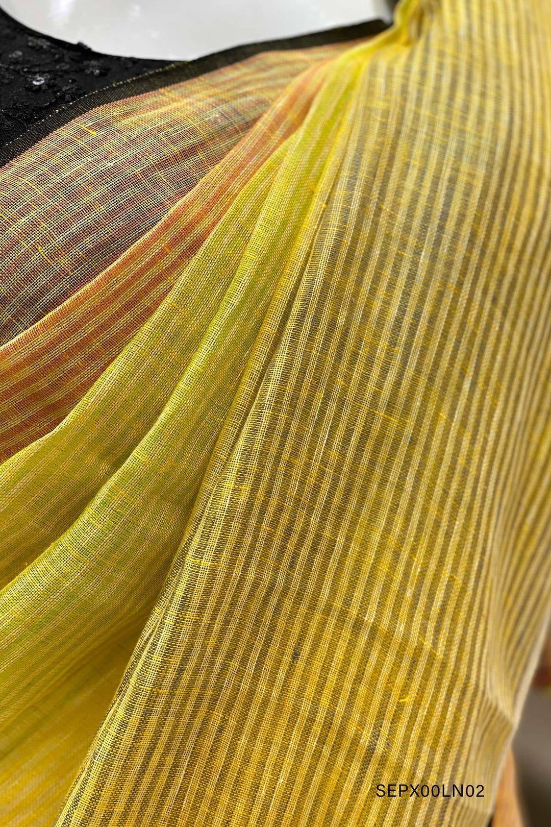Shades of Yellow Striped Patterned Linen Saree - View 5