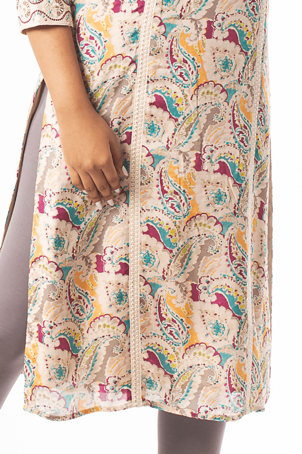 Cream with Lavender Digital print, Embroidery and Zari work Calf Length Kurti - Seasons Chennai