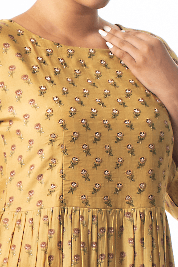 Mustard Zari work with Floral Print Anarkali Long Kurti - Seasons Chennai