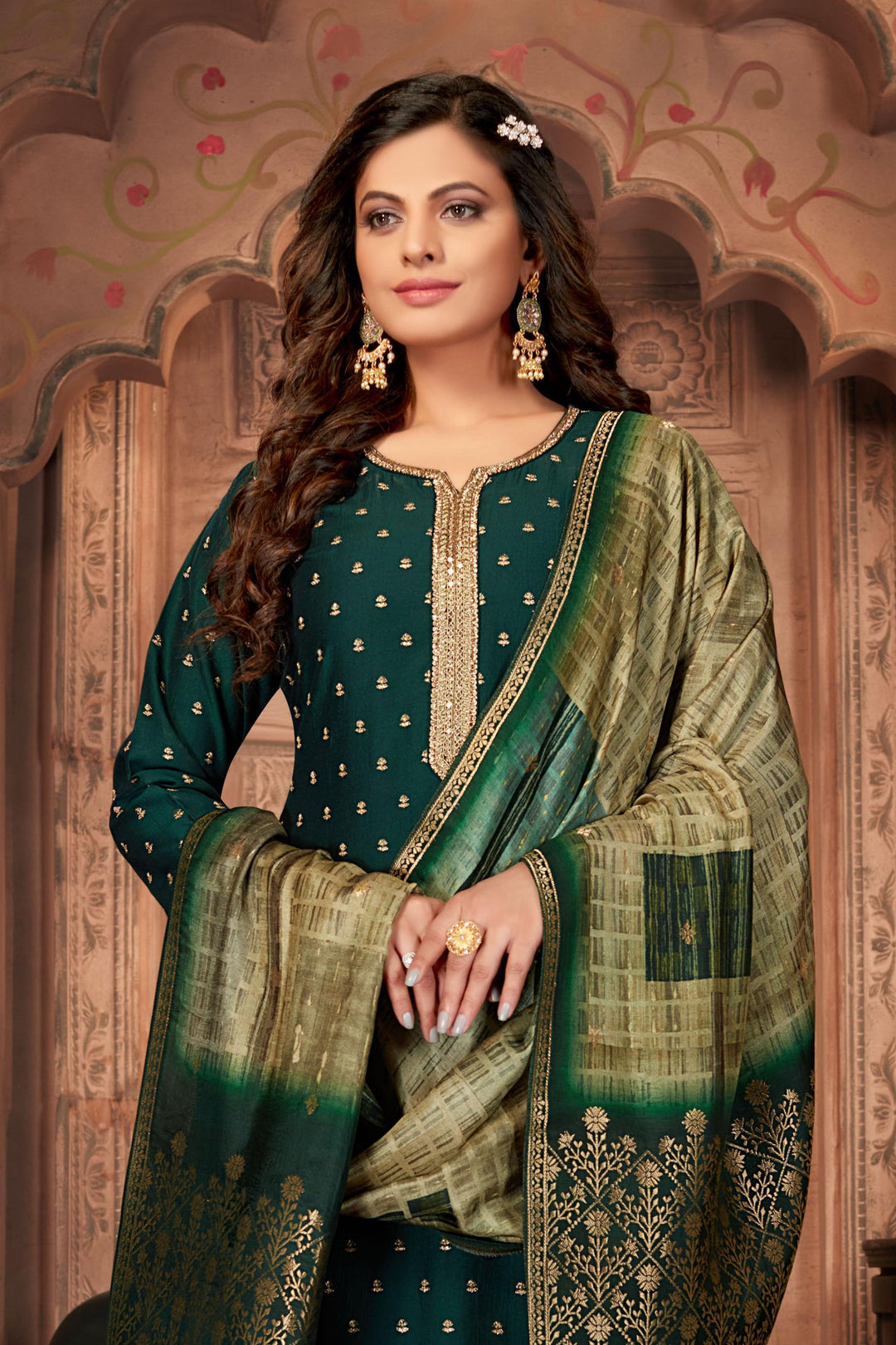 Bottle Green Sequins, Zardozi and Thread work Straight Cut Salwar Suit - Seasons Chennai
