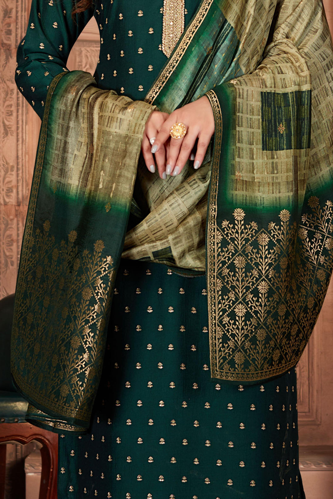 Bottle Green Sequins, Zardozi and Thread work Straight Cut Salwar Suit - Seasons Chennai