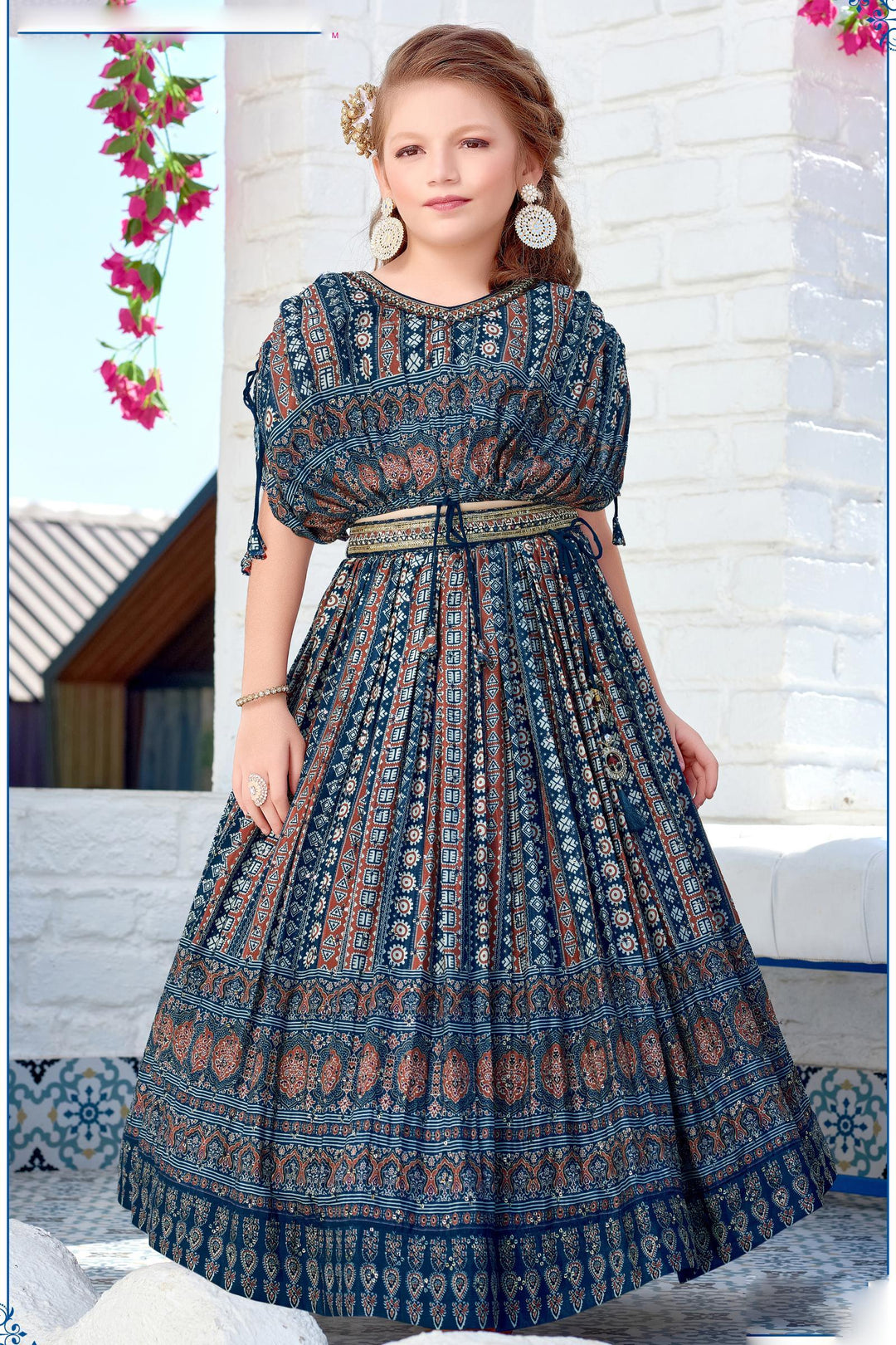 Navy Blue Ajrakh Print, Mirror and Sequins work Poncho Styled Lehenga Choli for Girls - Seasons Chennai