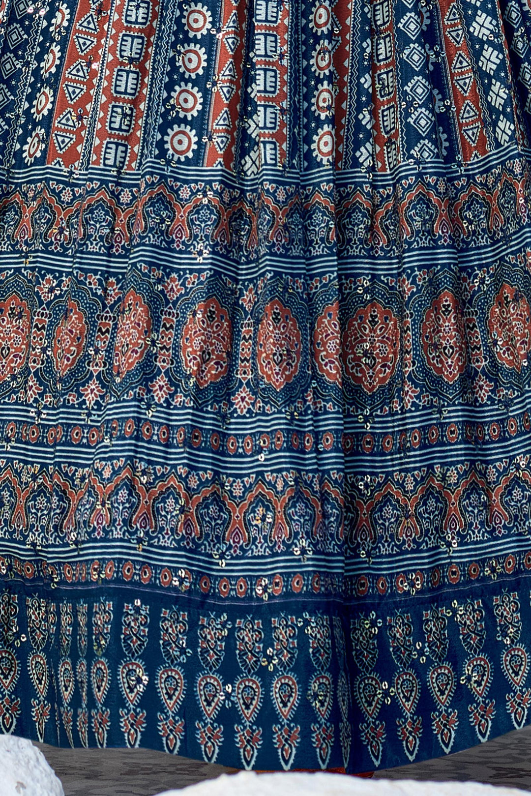 Navy Blue Ajrakh Print, Mirror and Sequins work Poncho Styled Lehenga Choli for Girls - Seasons Chennai