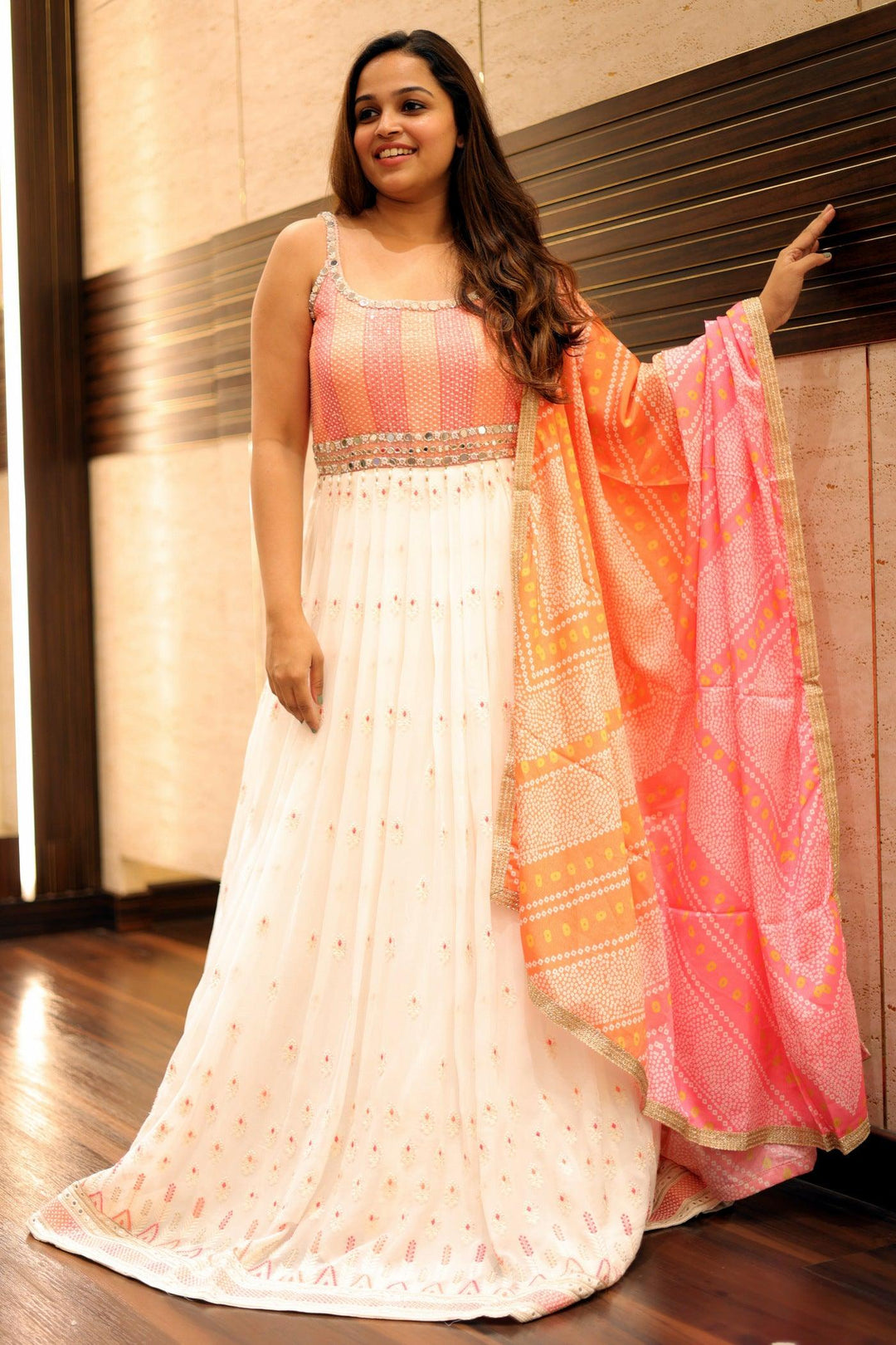 Half White Sequins, Thread, Mirror and Pearl work Floor Length Anarkali Suit - Seasons Chennai