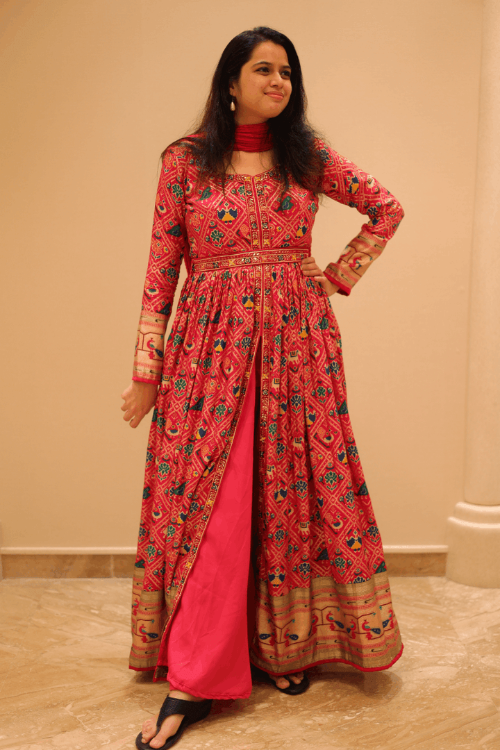 Pink Kalamkari Print, Banaras, Mirror and Thread work Floor Length Anarkali Suit with Straight Pant - Seasons Chennai