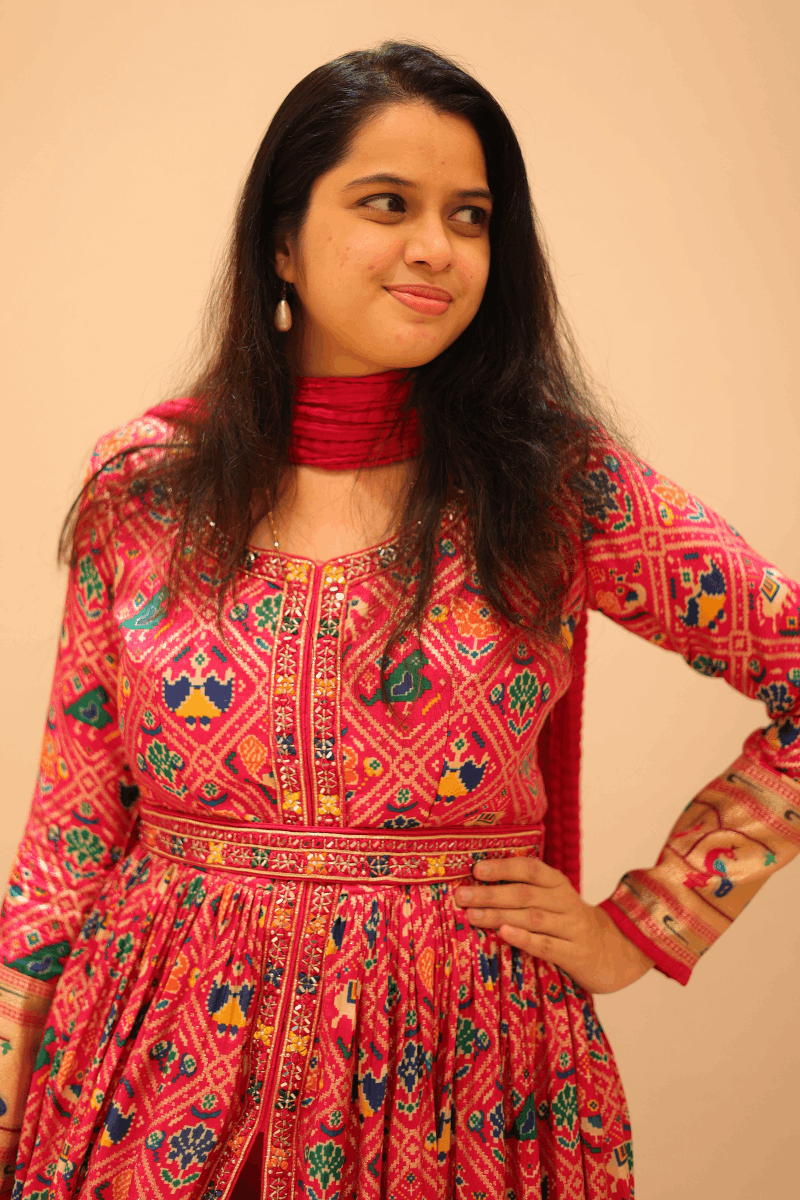 Pink Kalamkari Print, Banaras, Mirror and Thread work Floor Length Anarkali Suit with Straight Pant - Seasons Chennai