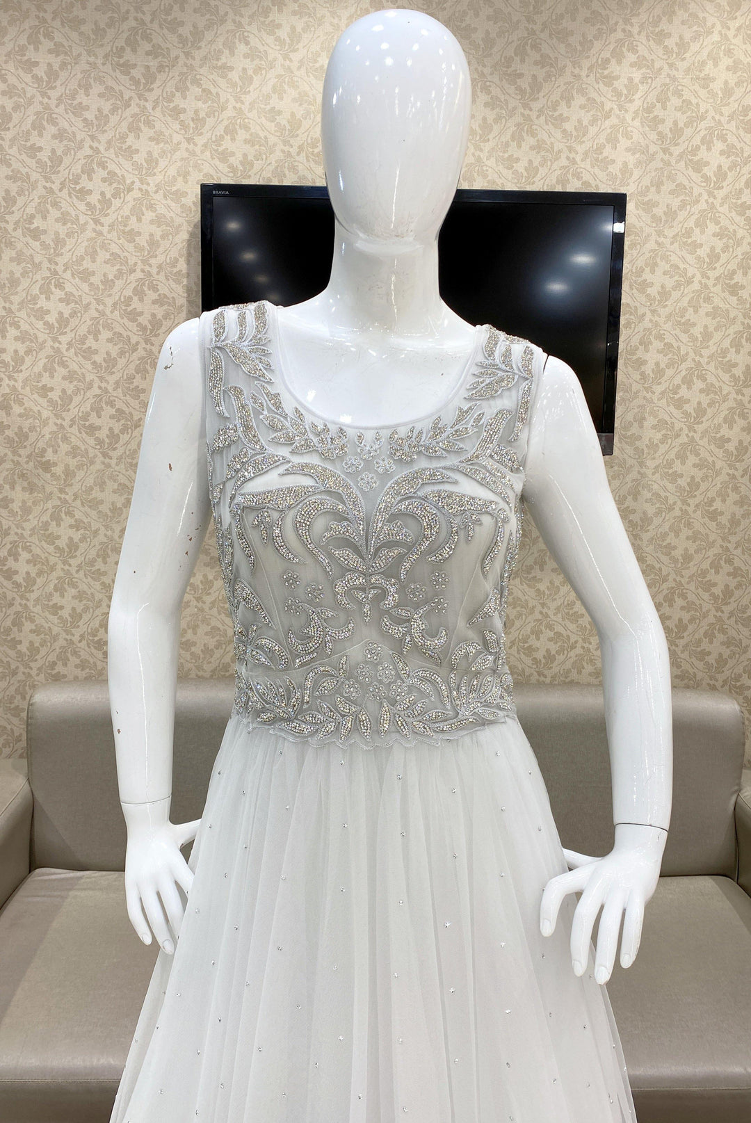 Ice Grey Bridal And Partywear Gown Embellished with Stonework