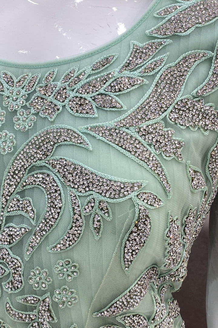 Mint Green Bridal And Partywear Gown Embellished with Stonework 